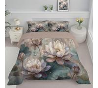 DLERFLOVR Couette Légère 140x200cm 4 Saisons Lotus Élégant Couette Réversible Fleurs d'encre Couverture Douceur et Confort Édredon sans Housse avec Taies d'oreiller 65x65 cm, Marron-Vert