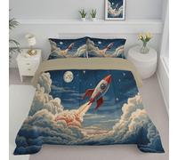 DLERFLOVR Couette Réversible Ciel Dessin Animé Toutes Saisons 260x230cm Couette Matelassée Fusées À L'Ancienne Couverture Chaude avec Taie d'oreiller pour lit 2 Personnes, Bleu Foncé