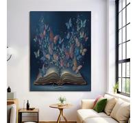 DLERFLOVR Decoration Murale Livres Fantastiques Impression sur Toile Papillon Tableau Decoration Murale pour Salon Couloir Salle de Bains Restaurant, Gris Bleu 60x40cm - Sans cadre