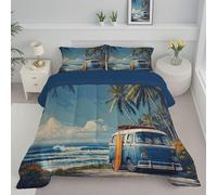 DLERFLOVR Ensemble de Couette 140x200cm Planche De Surf De Bus Couette Plage Rétro Édredon pour lit 1 Personne sans Housse Edredon Réversible Légère et Chaude avec 1 Taies d'oreiller 65x65 cm, Bleu