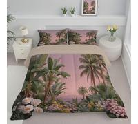 DLERFLOVR Ensemble de Couette 240x220cm Palmiers Et Fleurs Couette Exotique Édredon pour lit 2 Personnes sans Housse Edredon Réversible Légère et Chaude avec 2 Taie d'oreiller 65x65 cm, Vert