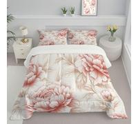DLERFLOVR Ensemble de Couette 260x230cm Fleurs De Pivoine Couette Dessin Au Trait Édredon pour lit 2 Personnes sans Housse Edredon Réversible Légère et Chaude avec 2 Taies d'oreiller 65x65 cm, Rose