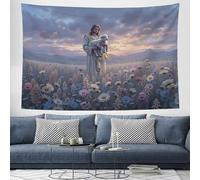 DLERFLOVR Figure Méditante Et Agneau Wall Art - 150x130 cm Tapisserie Murale De Beaux Champs De Fleurs Grande Tapisseries Poster Décoration Murales pour Maison Salon Chambre Dortoir - Gris Violet