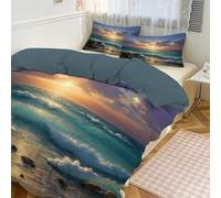 DLERFLOVR Housse de Couette 140x200cm avec 1 Taie Oreillers 65x65 cm - Plage Et Vagues - Parure de Lit Côte Rocheuse Linge de Lit Douce pour 1 Personne avec Fermeture Éclair, Vert Émeraude