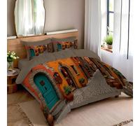 DLERFLOVR Housse de Couette 140x200cm avec 1 Taie Oreillers 65x65 cm - Rues Italiennes - Parure de Lit Architecture Rurale Rétro Linge de Lit Douce pour 1 Personne avec Fermeture Éclair, Orange