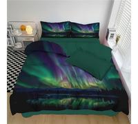 DLERFLOVR Housse de Couette 140x200cm avec 2 Taies d'oreiller 65x65 cm Aurores Boréales dans Le Ciel Nocturne Parure de Lit Nature Sauvage De L'Alaska Housse de Couette Réversible, Vert Émeraude