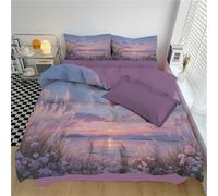 DLERFLOVR Housse de Couette 140x200cm avec 2 Taies d'oreiller Coucher Soleil sur Le Lac l'herbe Les Fleurs Sauvages Parure de Lit Style Réaliste Ensembles de Housses de Couette pour 1 Personne, Rose