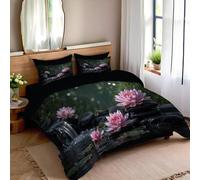 DLERFLOVR Housse de Couette 220x240cm avec 2 Taies d'oreiller 65x65 cm Lotus Galet Parure de Lit Style Zen Ensembles de Housses de Couette pour 2 Personnes avec Fermeture Éclair, Vert