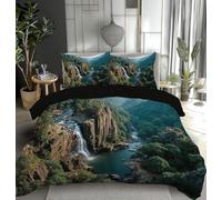 DLERFLOVR Housse de Couette 220x240cm avec Taies d'oreiller Cascade en Forêt Parure de Lit Reversible Vallée Luxuriante Parure de Couette avec Fermeture Eclair Facile d'entretien, Vert