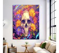 DLERFLOVR Impression sur Toile 120L x 80l cm - Style Réaliste Décoration Murale Crâne Floral Tableau décoratif Intissé pour le mur pour Chambre Maison Bain Salon, Violet