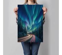 DLERFLOVR Impression sur Toile Aurores Boréales D'Alaska Image sur Toile Forêt Routière Tableau Decoration Murale pour Salle de Bains Salon Chambre, 30x40cm Sans cadre, Vert Fluorescent