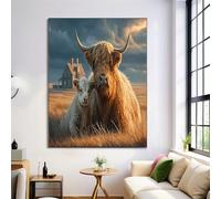 DLERFLOVR Impression sur Toile Bovins Des Highlands Photo sur Toile Ancienne Ferme Tableau Decoration Murale pour Salon Couloir Salle de Bains d'intérieur Décoration, 120x80cm, Brun