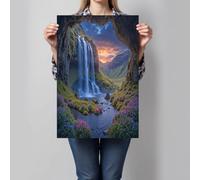 DLERFLOVR Impression sur Toile Cascade D'Islande Image sur Toile Coucher De Soleil Dans La Grotte Tableau Decoration Murale pour Salle de Bains Salon Chambre, 50x70cm Sans cadre, Vert Gazon