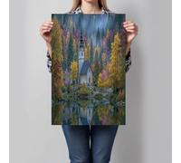 DLERFLOVR Impression Sur Toile Église Du Bord Du Lac Poster Mural et Impression d'art Forêt D'Automne Décoration Murale pour Maison, Chambre à Coucher - 60x90cm Sans cadre, Jaune-Vert