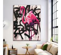 DLERFLOVR Impression sur Toile Flamant Tableaux Decoratifs Muraux Graffiti Noir Image sur Toile Salon Chambre Salle de bain, 70L x 50l cm, Rose