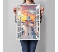 DLERFLOVR Impression sur Toile Grand Canal De Venise Tableau décoratif Coucher De Soleil Italien Image sur Toile Tableau Decoration Murale pour Salon Couloir Salle de Bains WC, 70x100cm, Orange