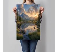 DLERFLOVR Impression sur Toile Lac Forest Image sur Toile Chaîne De Montagnes Majestueuse Tableau Decoration Murale Tableaux Decoratifs pour Salon Chambre Couloir Bar Dekor, Vert Gazon - Sans Cadre