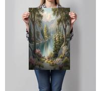 DLERFLOVR Impression sur Toile Lac Forest Image sur Toile Illustrations Botaniques Rétro Tableau Decoration Murale Tableaux Decoratifs pour Salon Chambre Couloir Bar Dekor, Vert Sauge - Sans Cadre