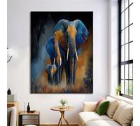 DLERFLOVR Impression sur Toile Peinture À L'Huile D'Une Famille D'Éléphants, Tableau Decoration Murale Savane Africaine 60L x 40l cm Tableaux Decoratifs Muraux Salon Chambre Salle de bain Bleu Foncé