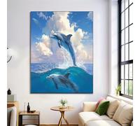 DLERFLOVR Impression sur Toile Peinture À L'Huile Réaliste, Decoration Murale Peinture 120L x 80l cm, Tableaux Decoratifs Dauphin, Muraux Déco pour Chambre Tableau Salon, Bleu Aqua, Sans Cadre