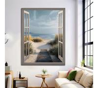 DLERFLOVR Impression sur Toile Plage Des Dunes Decoration Murale Peinture Vue De La Fenêtre 3D 60x40cm Tableaux Art Décoratif Muraux Décoration pour Chambre Salon Bureau - Gris
