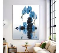 DLERFLOVR Impression sur Toile Thème Zen, Decoration Murale Peinture 60L x 40l cm, Tableaux Decoratifs Pierres Et Orchidées, Muraux Déco pour Chambre Tableau Salon, Bleu, Sans Cadre