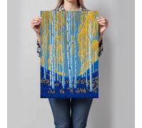 DLERFLOVR Impressions Sur Linogravure Impression sur Toile Forêt De Bouleaux Tableau Affiche Decoration Murale Jaune Bleu Image sur Toile Sans Cadre pour Salon Chambre Restaurant, 60x90cm