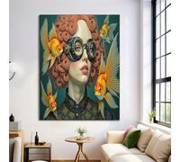 DLERFLOVR Impressions sur Toile Illustrations De Personnages Tableau Murale Decoration Poisson Rouge Et Femme Tableaux Toiles Bleu-Vert Muraux Déco Chambre Salon Salle de Bain, 90L x 60l cm