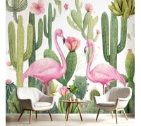 DLERFLOVR Mural Papier Peint Flamant Rose Et Cactus Papier Murale Illustration À L'Aquarelle Papiers Peints Panoramique pour Salle de séjour Chambre à coucher séjour Décoration, 150x105cm, Vert