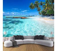 DLERFLOVR Mural Papier Peint Îles Maldives Papier Murale Paysage Tropical Papiers Peints Panoramique pour Salle de séjour Chambre à coucher séjour Décoration, 300x210cm, Bleu