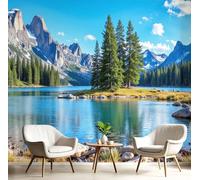 DLERFLOVR Mural Papier Peint Montagnes Enneigées Et Forêts De Pins Papier Murale Lac Tranquille Papiers Peints Panoramique pour Salle de séjour Chambre à coucher séjour Décoration, 250x175cm, Bleu