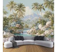 DLERFLOVR Mural Papier Peint Palmiers, Fleurs, Rivière Papier Murale Paysage Tropical Rétro Papiers Peints Panoramique pour Salle de séjour Chambre à coucher séjour Décoration, 450x315cm, Vert Sauge