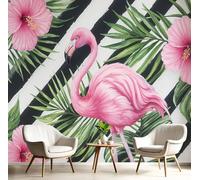 DLERFLOVR Muraux Forêt Tropicale Humide, 200x140cm Papier Peint Feuille Palmier Flamant Rose Rayée XXL Poster Tableaux Muraux pour Salon Chambre Salle à Manger Décoration Murale, Noir Et Blanc