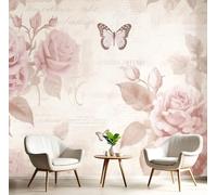 DLERFLOVR Papier Peint Fleurs Romantiques Papillon,150x105cm Papier Peint Panoramique Style Français Murale Poster Tableaux Photo Muraux pour Salon Chambre à Coucher Maison Décoration, Rose Clair