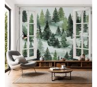 DLERFLOVR Papier Peint Panoramique 3D 200x140cm Papier Peint Forêt De Sapins Tapisserie Poster Geant Mural Forêt Aquarelle pour Salon Chambre Décoration Murale, Vert Menthe
