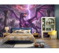 DLERFLOVR Papier Peint Panoramique 3D Papier Peint Éclair Du Dragon Tapisserie Poster Geant Mural Ruines Obscures pour Salon Chambre Décoration Murale, Rouge Violacé Foncé