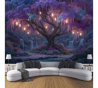 DLERFLOVR Papier Peint Panoramique Arbres Lanternes Et Cascades - 150x105cm - Revêtement mural décoration salon - Forêt Enchanteresse 3D Poster Geant pour Salon Chambre restaurant Décoration, Violet