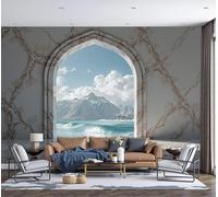 DLERFLOVR Papier Peint Panoramique Archway Sea View Poster Geant Mural Arche En Marbre De Luxe Papier Peint Soie Palmier À Riz Fresque Murale pour Salon Canapé TV Fond Décoration Murale, 300x210cm