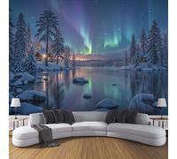 DLERFLOVR Papier Peint Panoramique Aurores Boréales En Hiver 150x105cm XXL Tableaux Muraux Soie Paysage Du Lac Glaciaire Tapisserie Photo Décoration Murale pour Salon, Chambre, Restaurant, Bleu