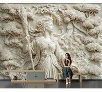 DLERFLOVR Papier Peint Panoramique Bas-Relief En Plâtre 400x280cm Revêtement Mural Relief De Déesse Classique Tapisserie Panoramique Décoration Tableaux Muraux pour Chambre Salon Bureau, Beige