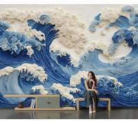 DLERFLOVR Papier Peint Panoramique Bas-Reliefs D'Art Japonais 450x315cm Revêtement Mural Vagues 3D Tapisserie Panoramique Décoration Tableaux Muraux pour Chambre Salon Bureau, Bleu Foncé