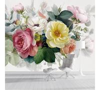 DLERFLOVR Papier Peint Panoramique Bouquet De Roses Et De Pivoines Papier Peint Soie Aquarelles Florales XXL Poster Tableaux Décoration Murale pour Salon Chambre Tv Fond, 400x280cm, Vert