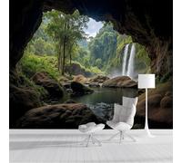 DLERFLOVR Papier Peint Panoramique Cascade De La Jungle Papier Peint Soie Grotte 3D XXL Poster Tableaux Décoration Murale pour Salon Chambre Tv Fond, 300x210cm, Vert