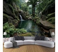 DLERFLOVR Papier Peint Panoramique Cascade En Forêt 350x250cm XXL Tableaux Muraux Soie Photographie National Geographic Tapisserie Photo Décoration Murale pour Salon, Chambre, Restaurant, Vert