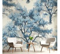 DLERFLOVR Papier Peint Panoramique Chêne Luxuriant 430x305cm - XXL Tableaux Muraux Paysage Forestier Revêtement Mural Décoration Murale pour Chambre Salle de Bain Couloir, Bleu Gris