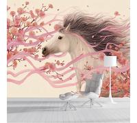 DLERFLOVR Papier Peint Panoramique Cheval Blanc Romantique 150x105cm XXL Tableaux Muraux Soie Faune Tapisserie Photo Décoration Murale pour Salon, Chambre, Restaurant, Crème