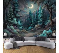 DLERFLOVR Papier Peint Panoramique Ciel Nocturne Fantastique 400x280cm - Tapisserie Panoramique Chemin Des Pins De La Forêt Revêtement Murale Bleu-Vert Décoration Murale pour Salon, Chambre, Bureau