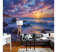 DLERFLOVR Papier Peint Panoramique Coucher De Soleil Sur Rocky Beach 300x210cm - Mural Romantisme Tableaux Muraux Poster Geant Mural Tapisserie Décorative pour Salon Chambre Fond Tv, Bleu-Violet