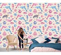 DLERFLOVR Papier Peint Panoramique Dauphins, Baleines, Hippocampes, 200x140cm Poster Geant Mural 3D Vie Marine Tapisserie Soie Décoration Murale pour Salon Chambre à Coucher Fond TV, Rose