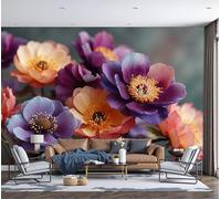 DLERFLOVR Papier Peint Panoramique Fleurs Romantiques 300x210cm Mural Photographie D'Iris Tapisserie Panoramique Décoration Tableaux Muraux pour Chambre Salon Bureau, Violet Foncé